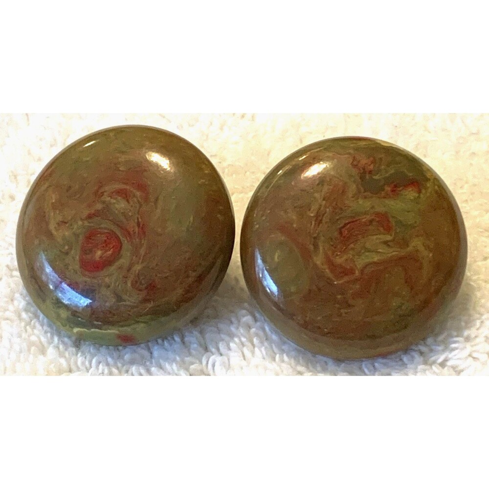 Vintage Bakelite Button Clip On Earrings 1" Marbled Brown Green Red Swirl Tested